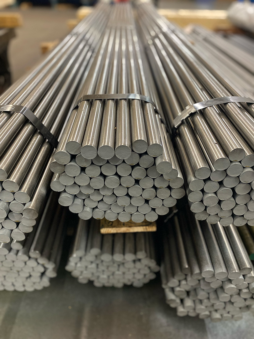 Close-up of bundled steel bar blanks